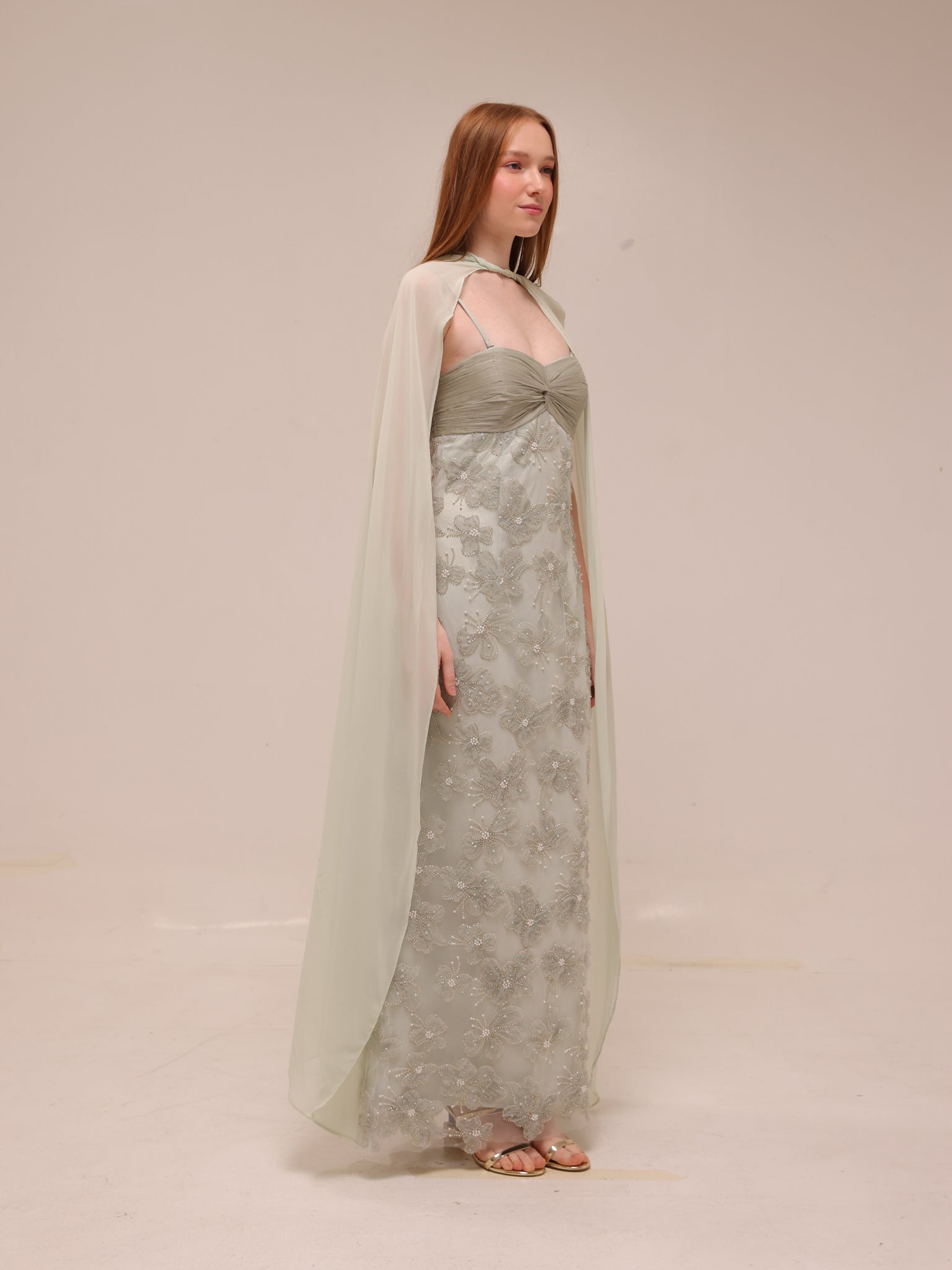Embellished Floral Cape Gown