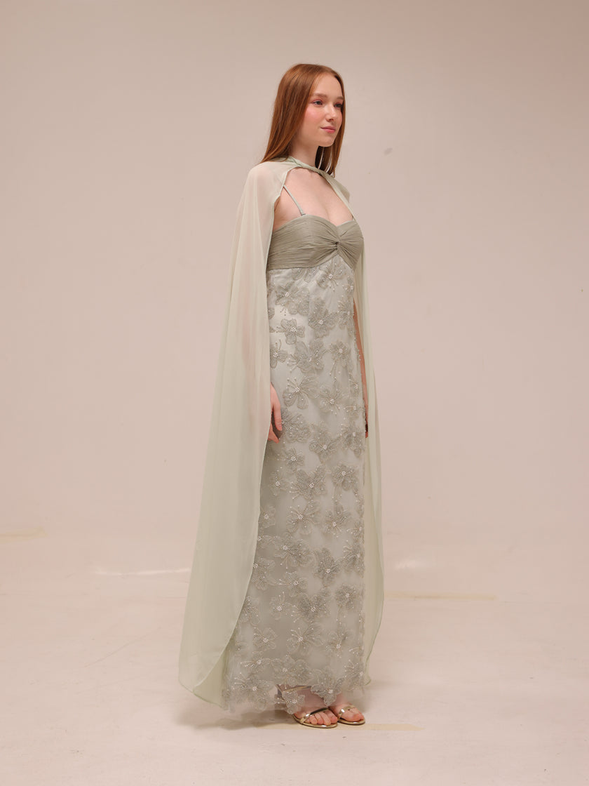 Embellished Floral Cape Gown