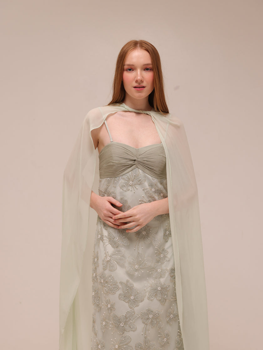 Embellished Floral Cape Gown