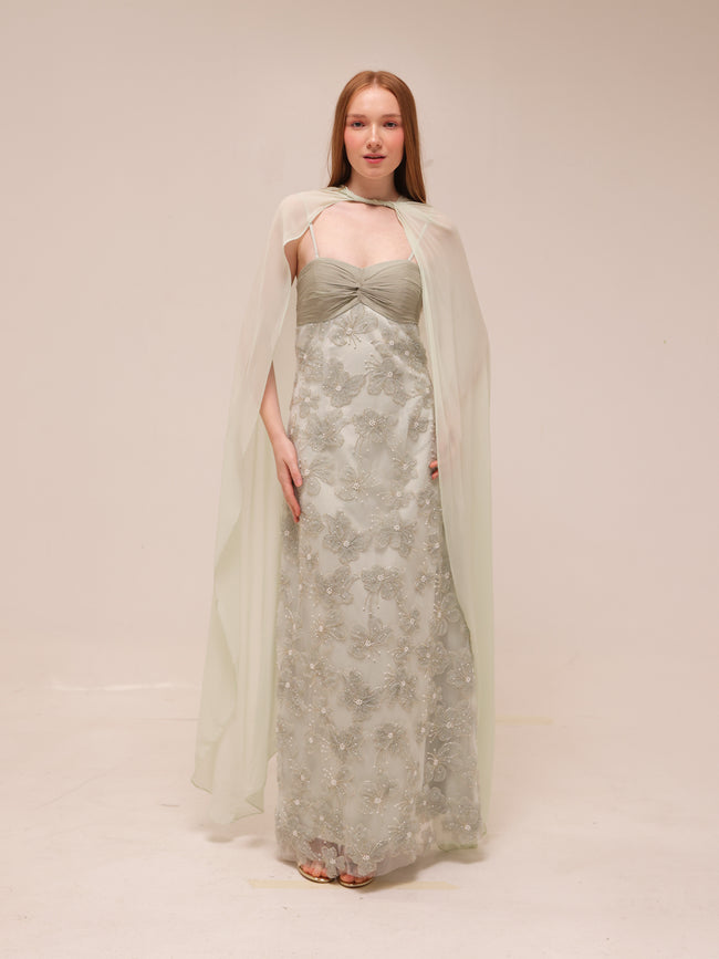 Embellished Floral Cape Gown