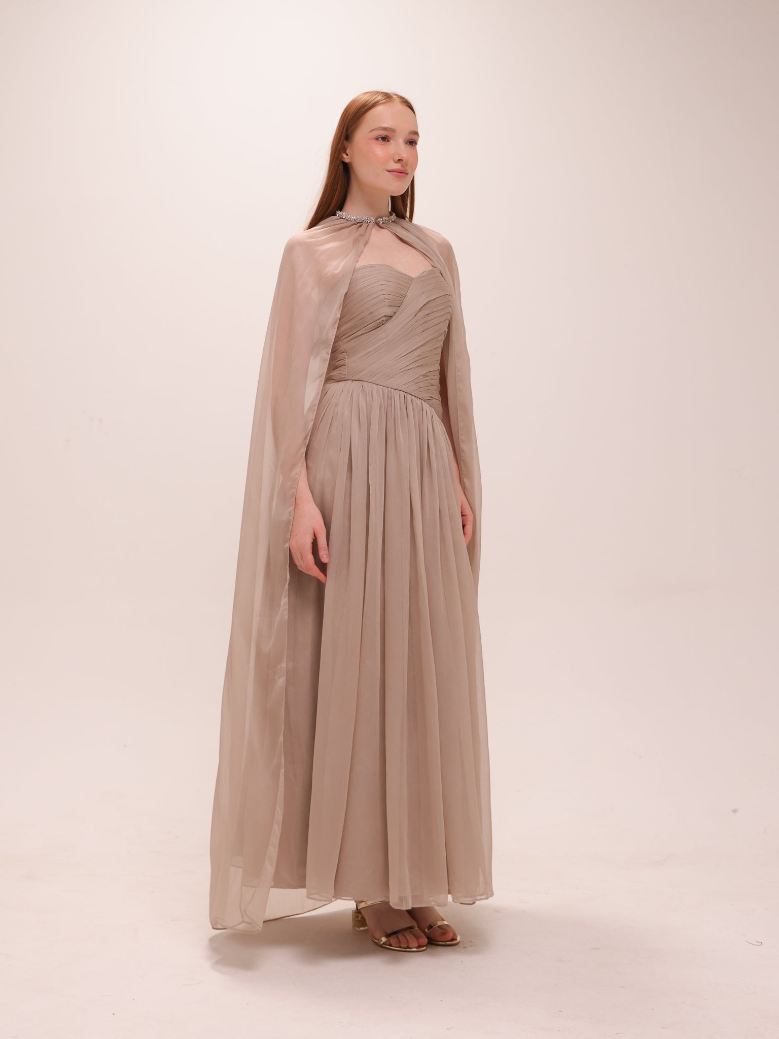 Pleated Chiffon Cape Gown in Gray