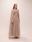 Pleated Chiffon Cape Gown in Gray