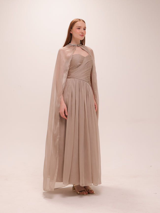 Pleated Chiffon Cape Gown in Gray