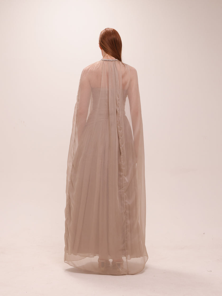 Pleated Chiffon Cape Gown in Gray