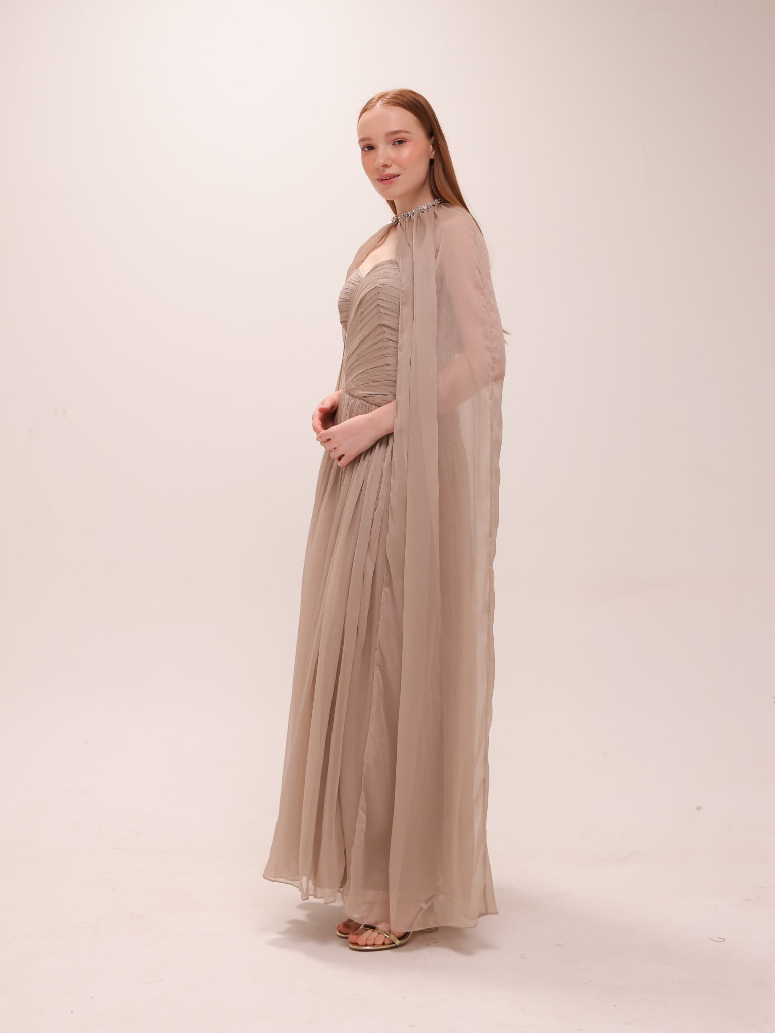 Pleated Chiffon Cape Gown in Gray