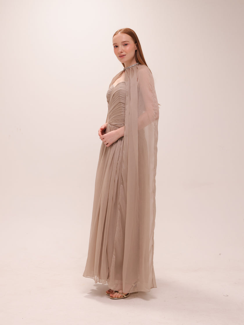 Pleated Chiffon Cape Gown in Gray