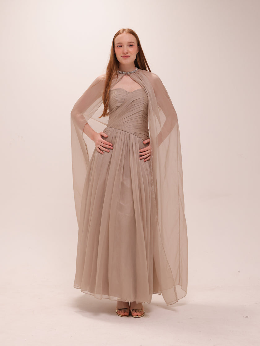 Pleated Chiffon Cape Gown in Gray