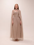 Pleated Chiffon Cape Gown in Gray