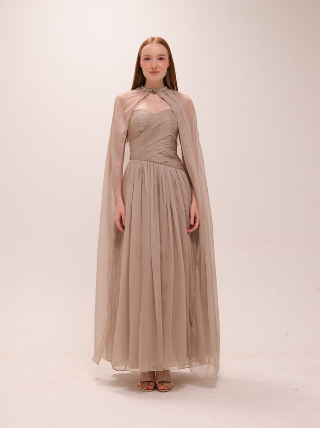 Pleated Chiffon Cape Gown in Gray