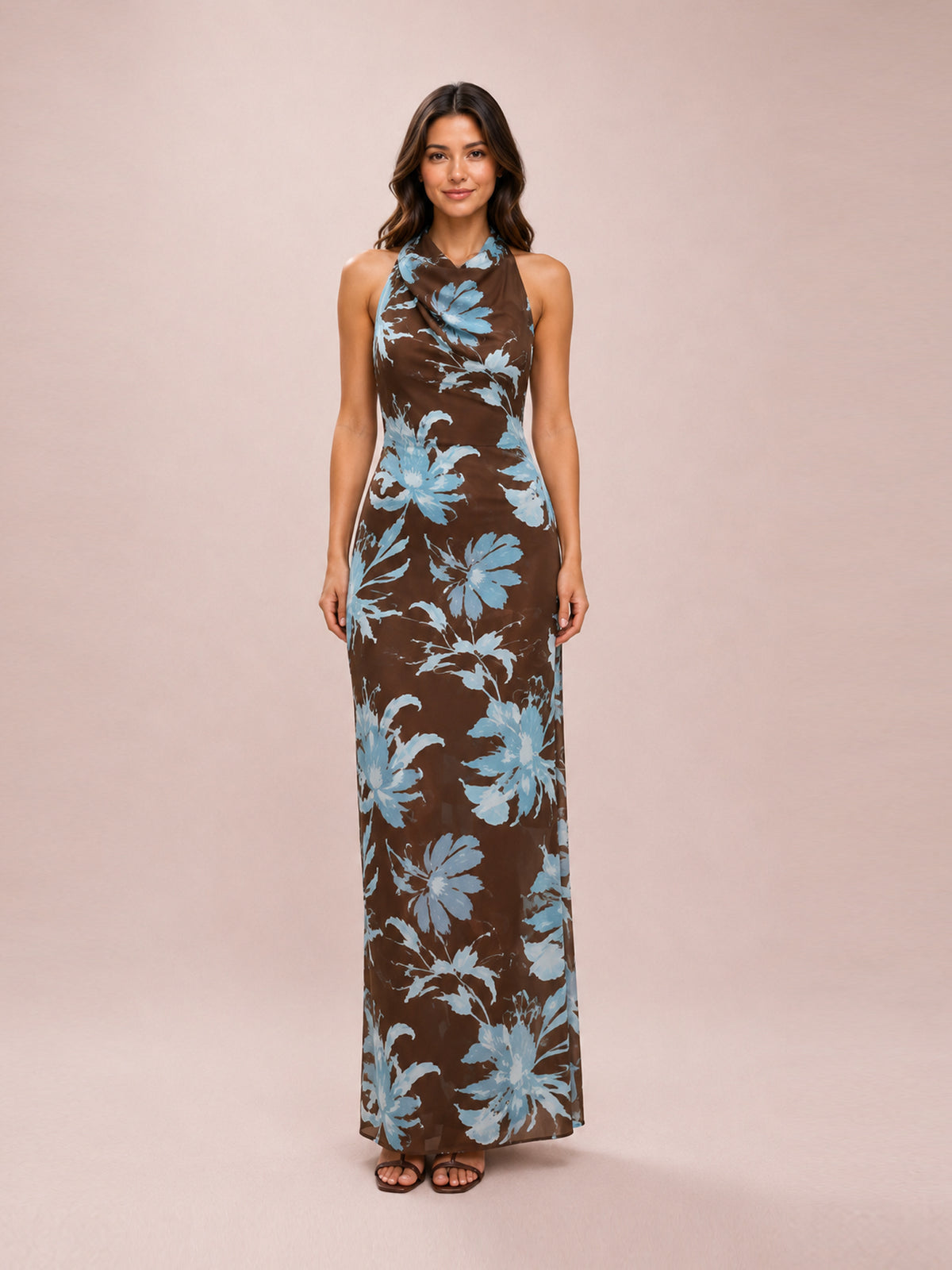 Blue Floral Burnout Chiffon High Neck Maxi Dress