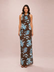 Blue Floral Burnout Chiffon High Neck Maxi Dress