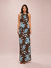Blue Floral Burnout Chiffon High Neck Maxi Dress