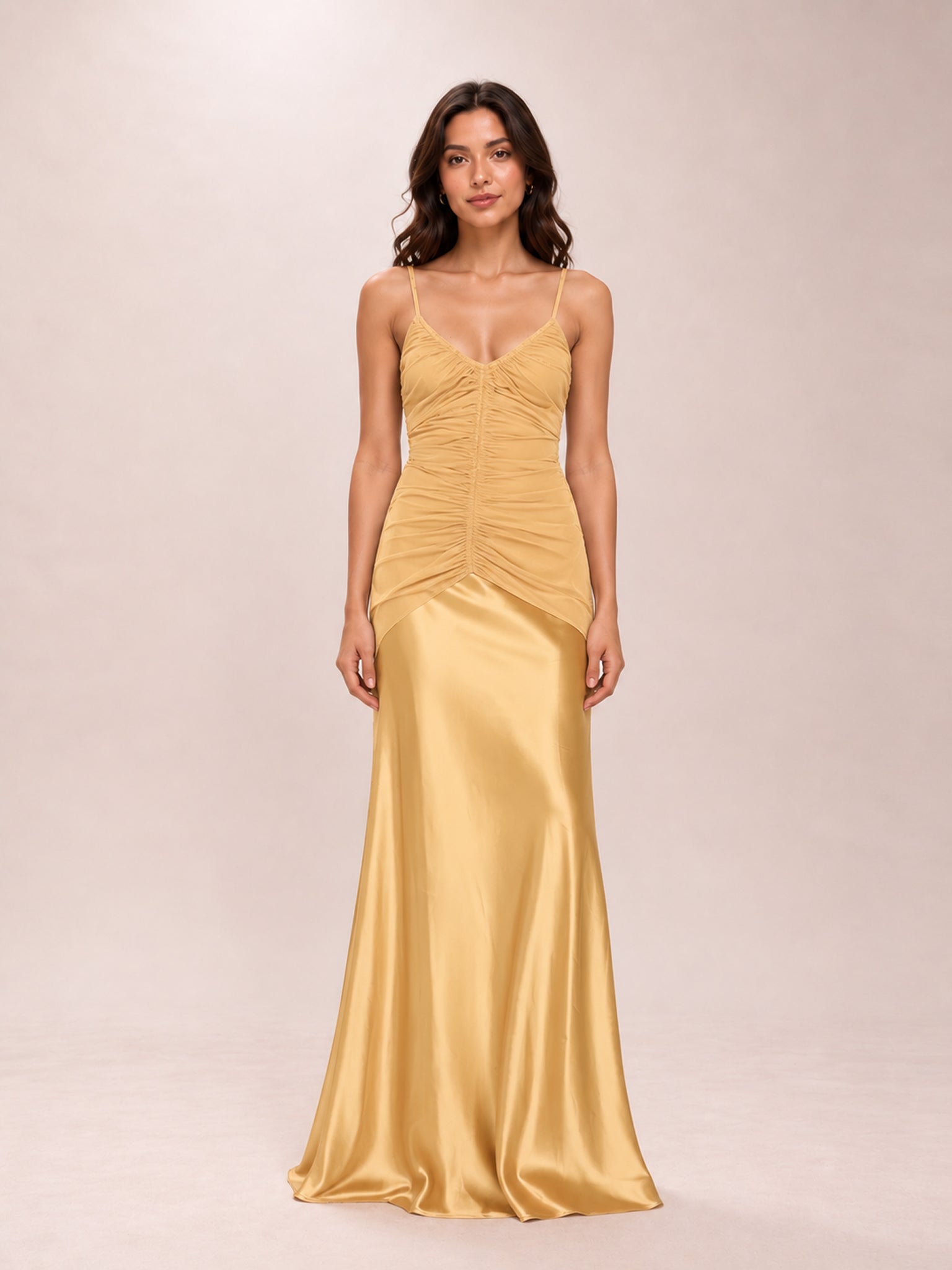 Mustard Ruched Detail Satin Maxi Slip Dress
