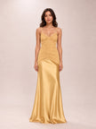 Mustard Ruched Detail Satin Maxi Slip Dress