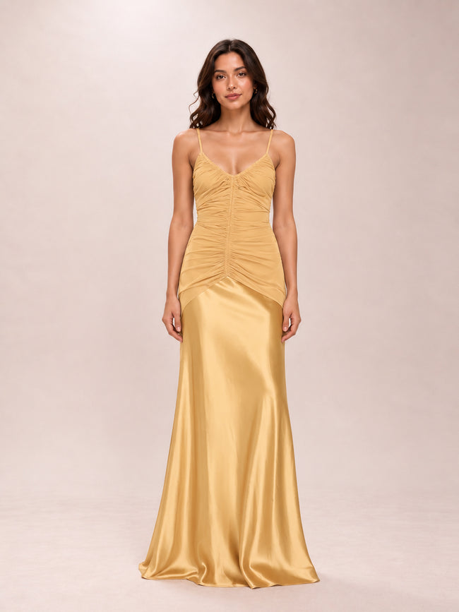Mustard Ruched Detail Satin Maxi Slip Dress