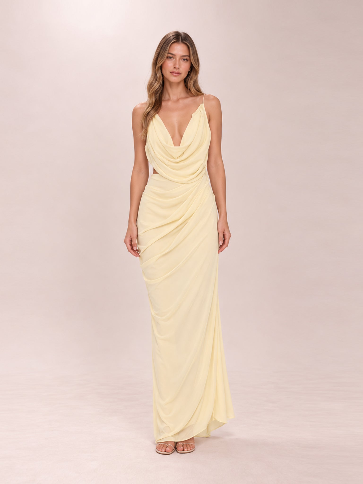 Yellow Chiffon Drape Cut Out Midaxi Dress