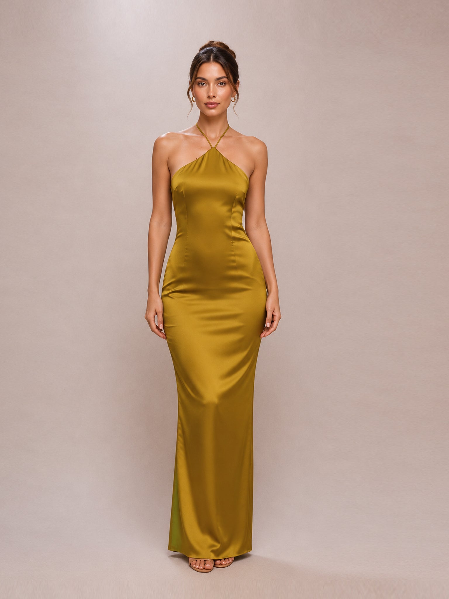 Chartreuse Satin Cowl Black Lace Panel Detail Maxi Dress