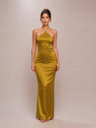 Chartreuse Satin Cowl Black Lace Panel Detail Maxi Dress