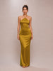 Chartreuse Satin Cowl Black Lace Panel Detail Maxi Dress