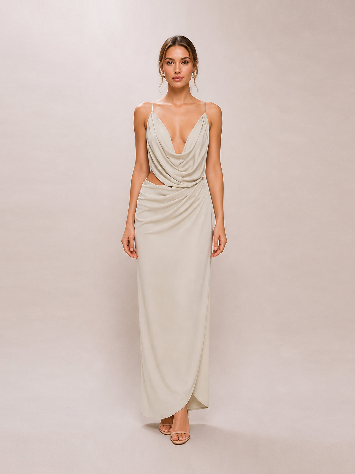 Sage Chiffon Drape Cut Out Midi Dress