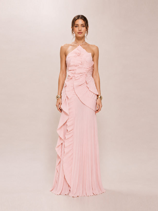 Blush Pleated Frill Halterneck Maxi Dress