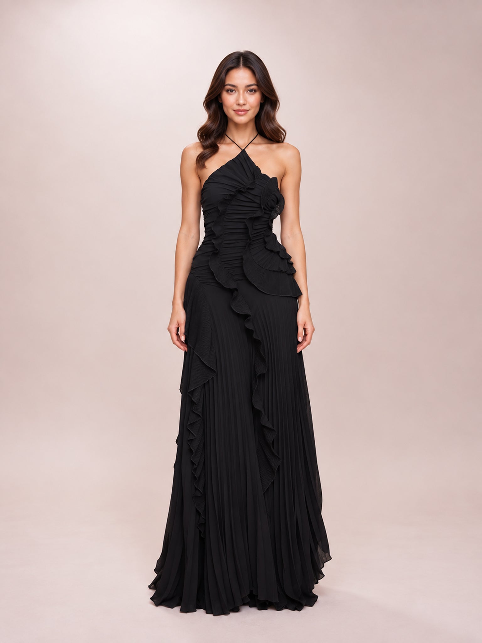 Black Pleated Frill Halter Neck Maxi Dress