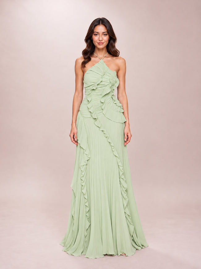Light Green Pleated Frill Halterneck Maxi Dress