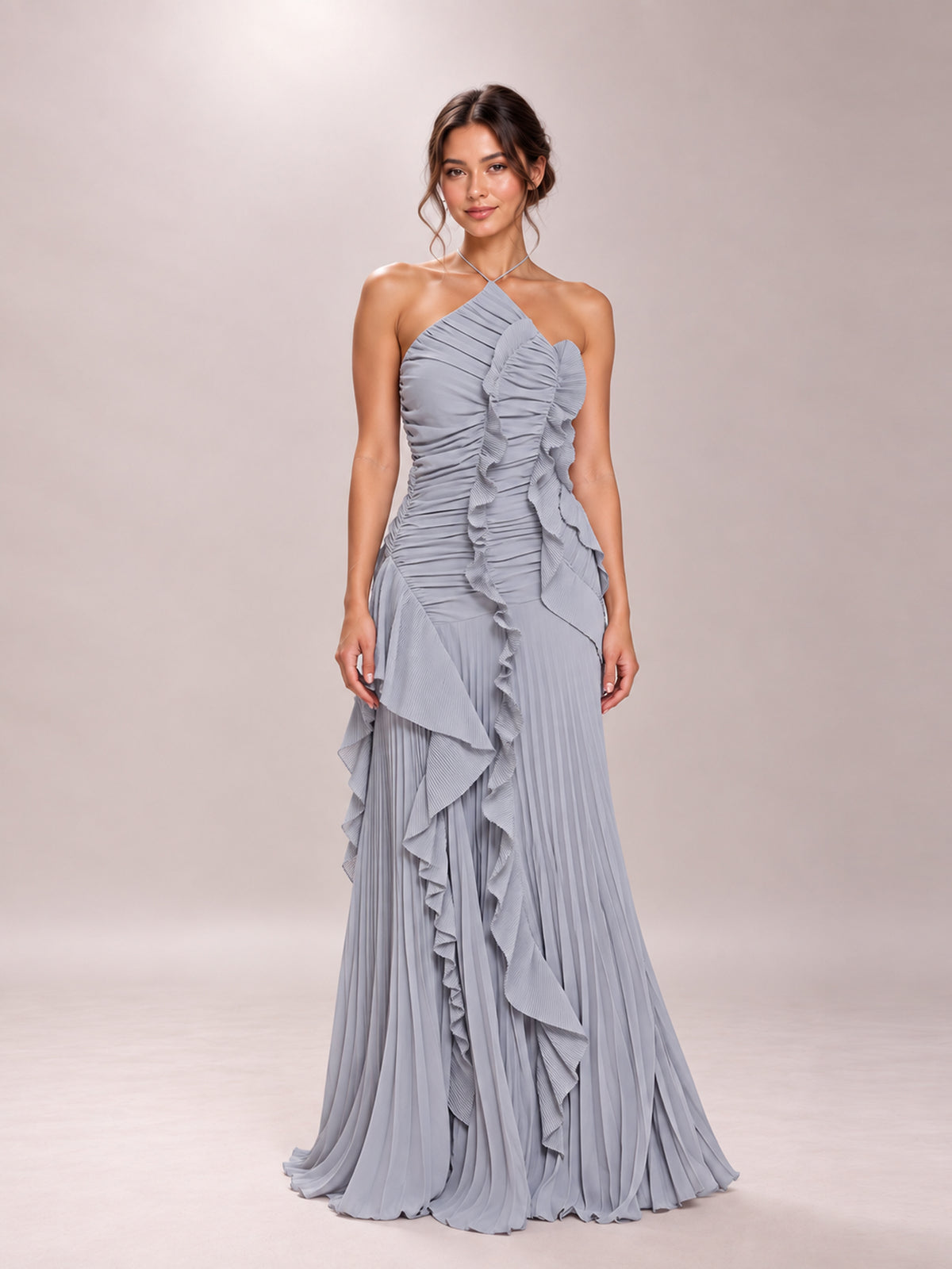 Grey Pleated Frill Halter Neck Maxi Dress