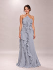 Grey Pleated Frill Halter Neck Maxi Dress