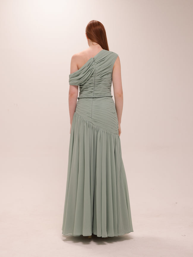 Sage One-Shoulder Draped Maxi Dress