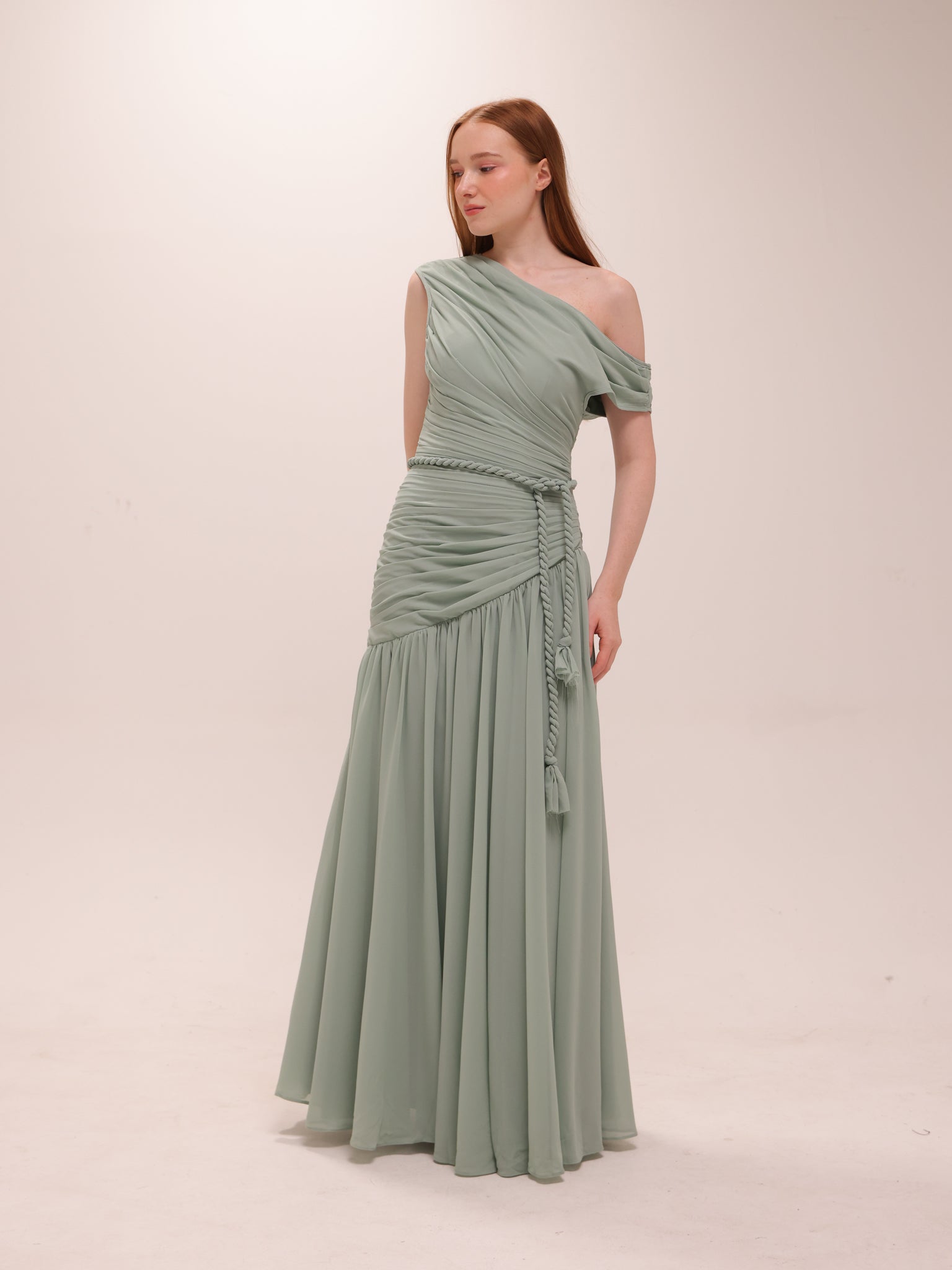 Sage One-Shoulder Draped Maxi Dress
