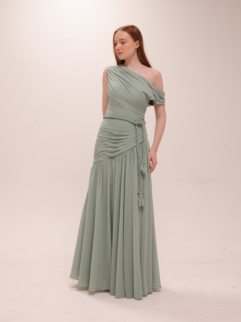 Sage One-Shoulder Draped Maxi Dress