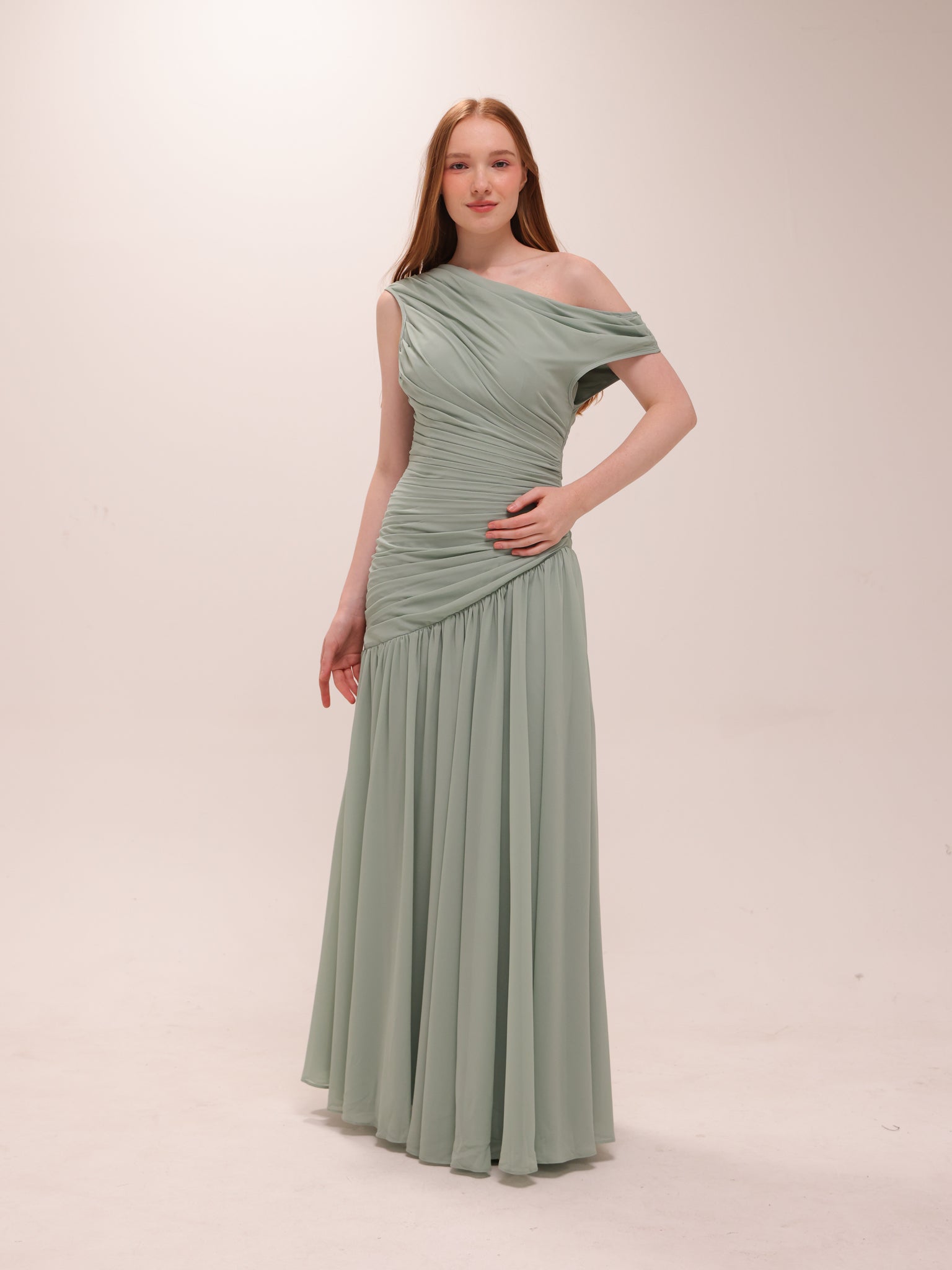 Sage One-Shoulder Draped Maxi Dress