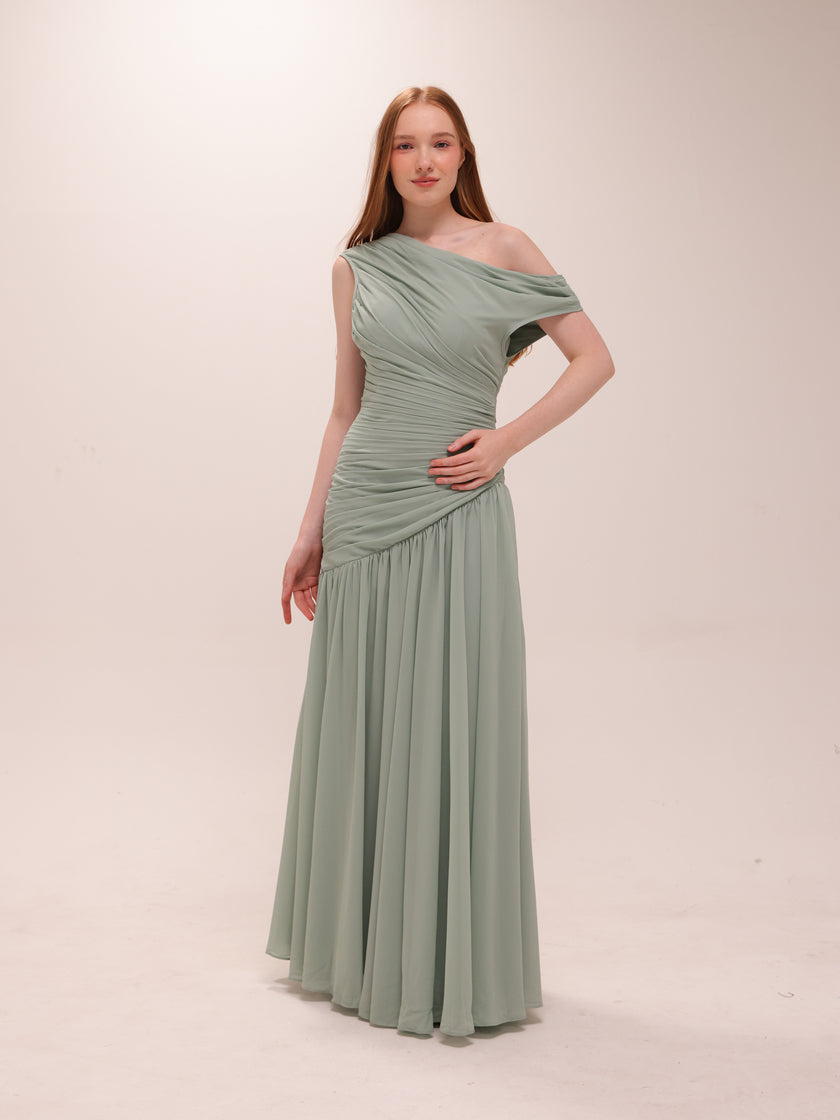 Sage One-Shoulder Draped Maxi Dress
