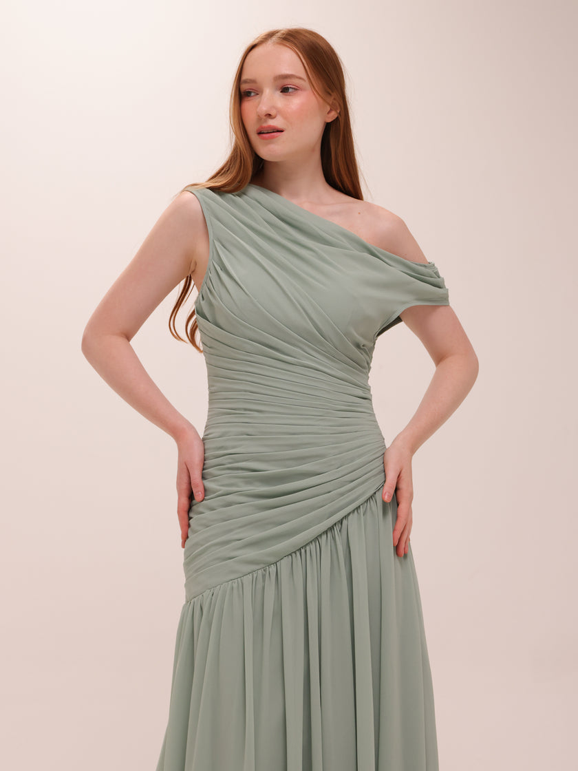 Sage One-Shoulder Draped Maxi Dress