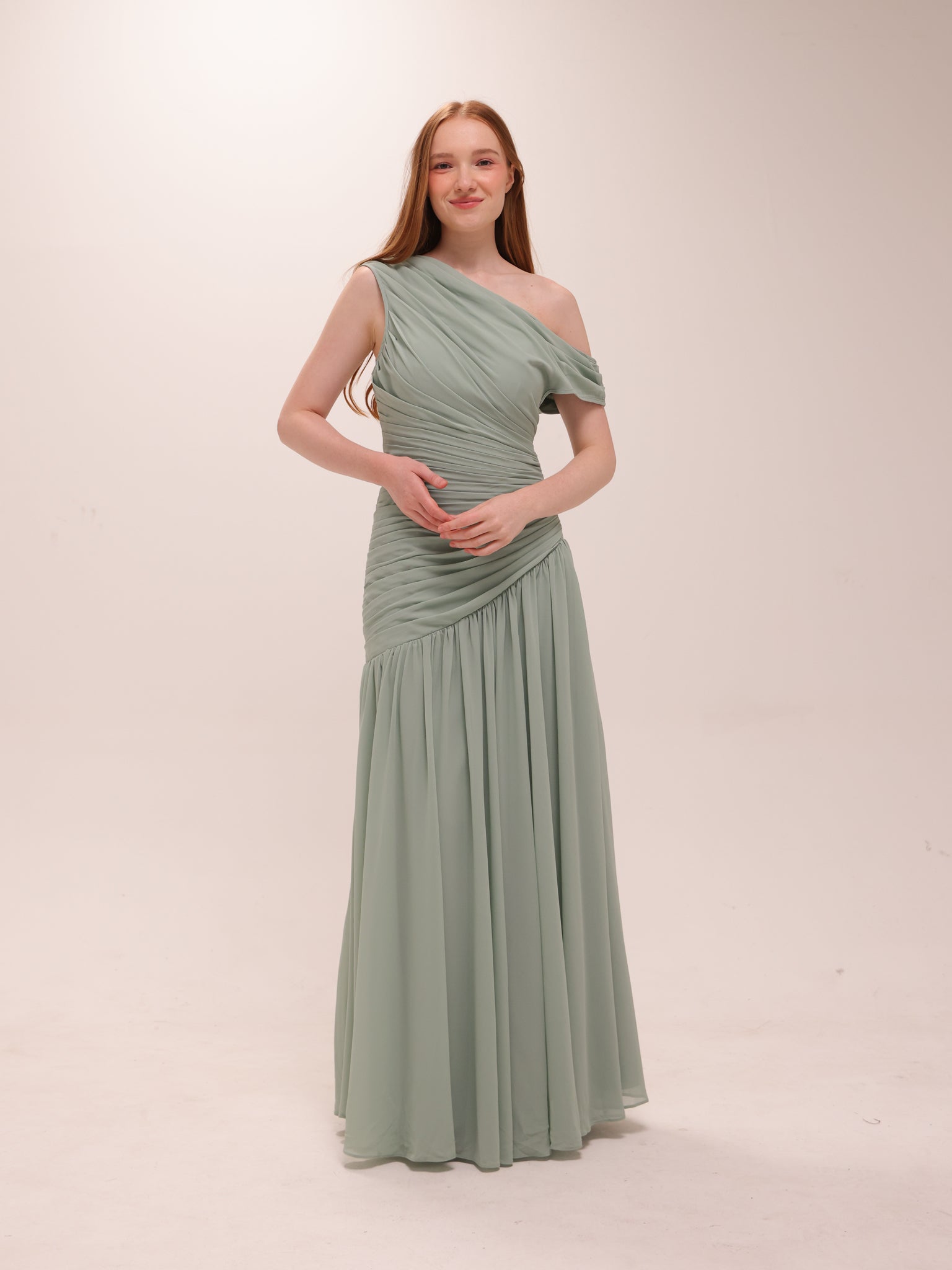 Sage One-Shoulder Draped Maxi Dress