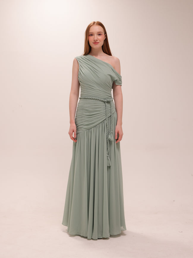 Sage One-Shoulder Draped Maxi Dress