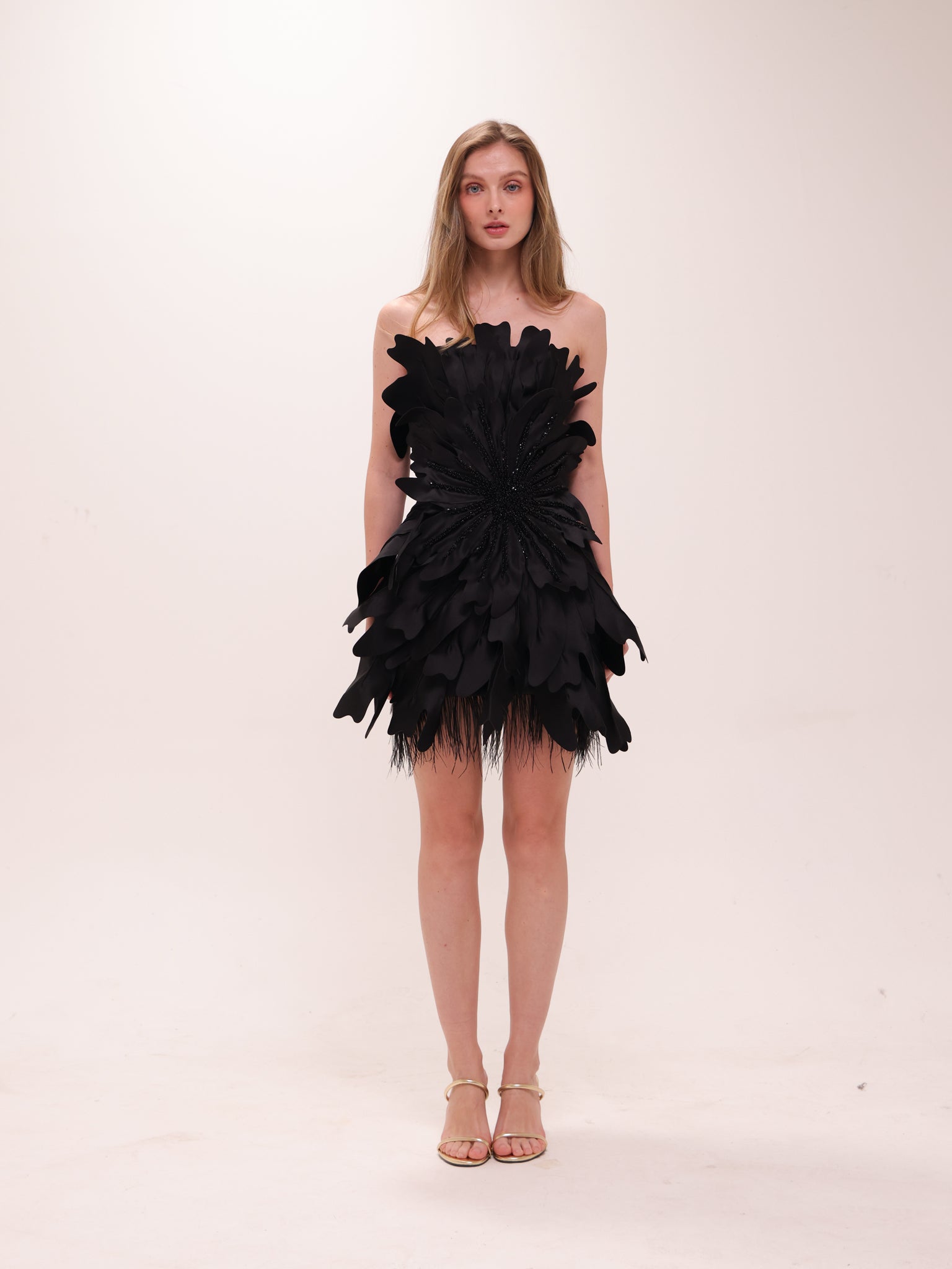 Midnight Petal Feather Mini Dress