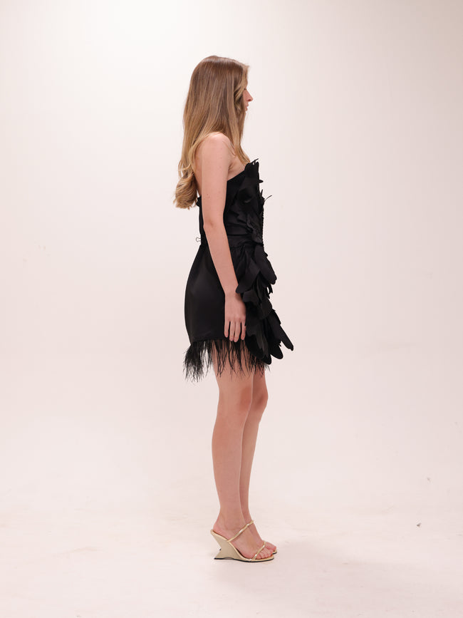 Midnight Petal Feather Mini Dress