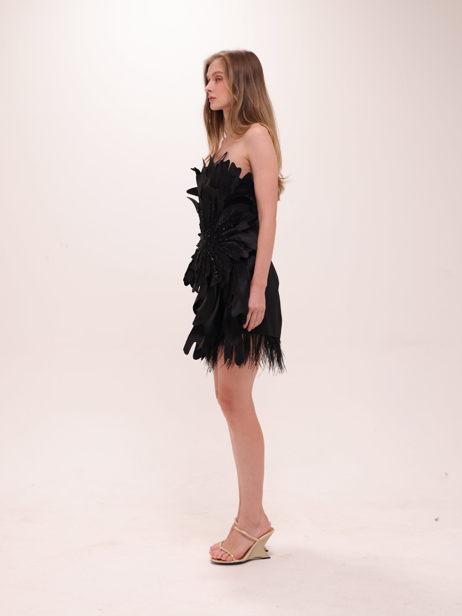Midnight Petal Feather Mini Dress