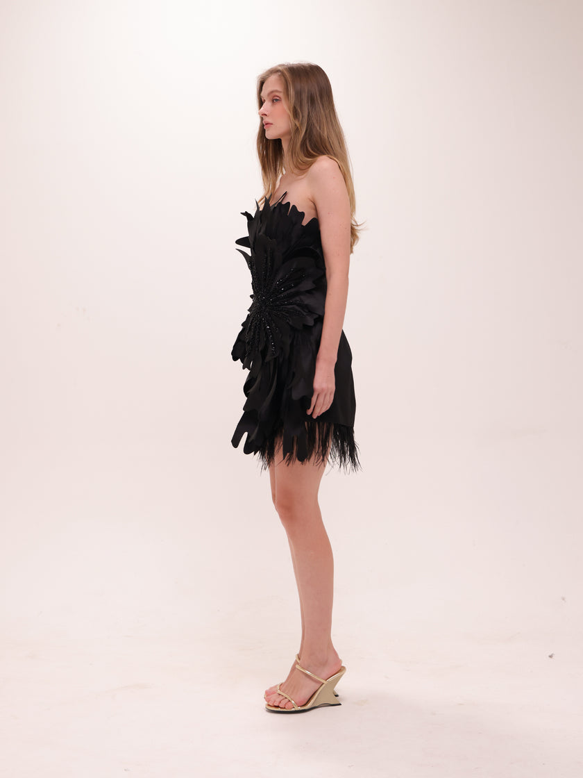 Midnight Petal Feather Mini Dress