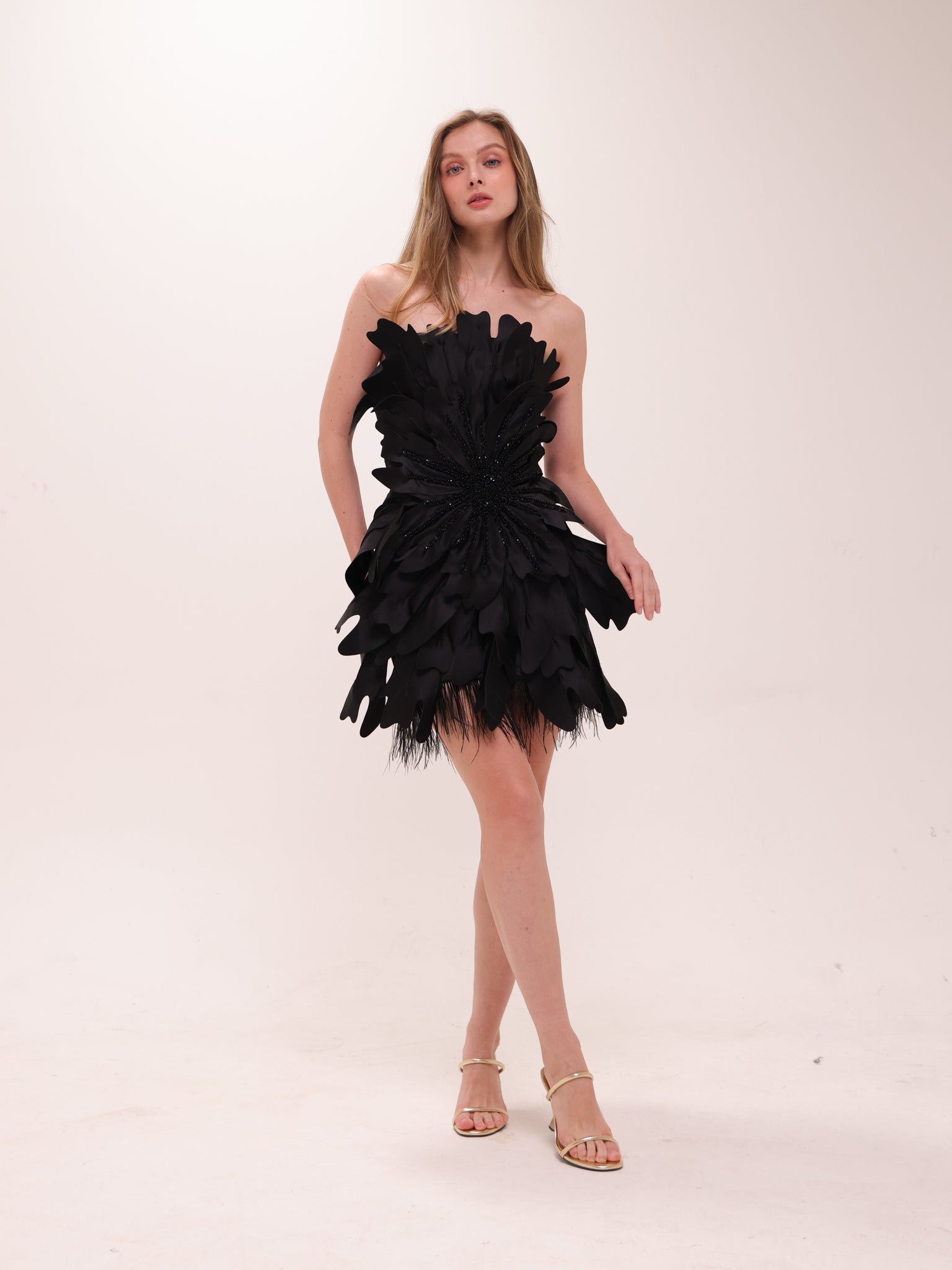 Midnight Petal Feather Mini Dress