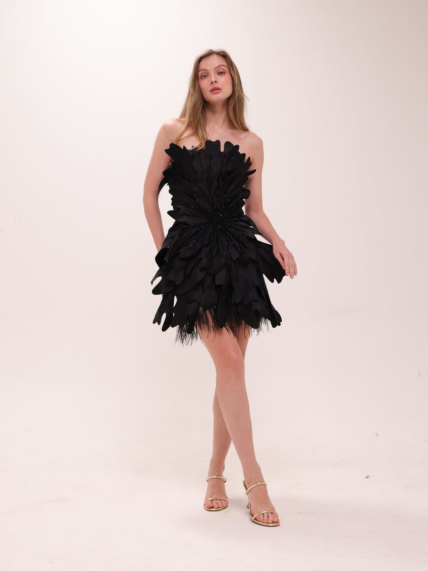 Midnight Petal Feather Mini Dress