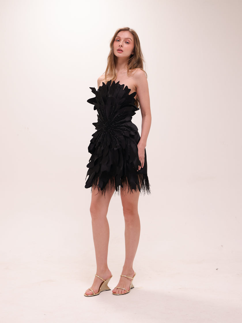 Midnight Petal Feather Mini Dress