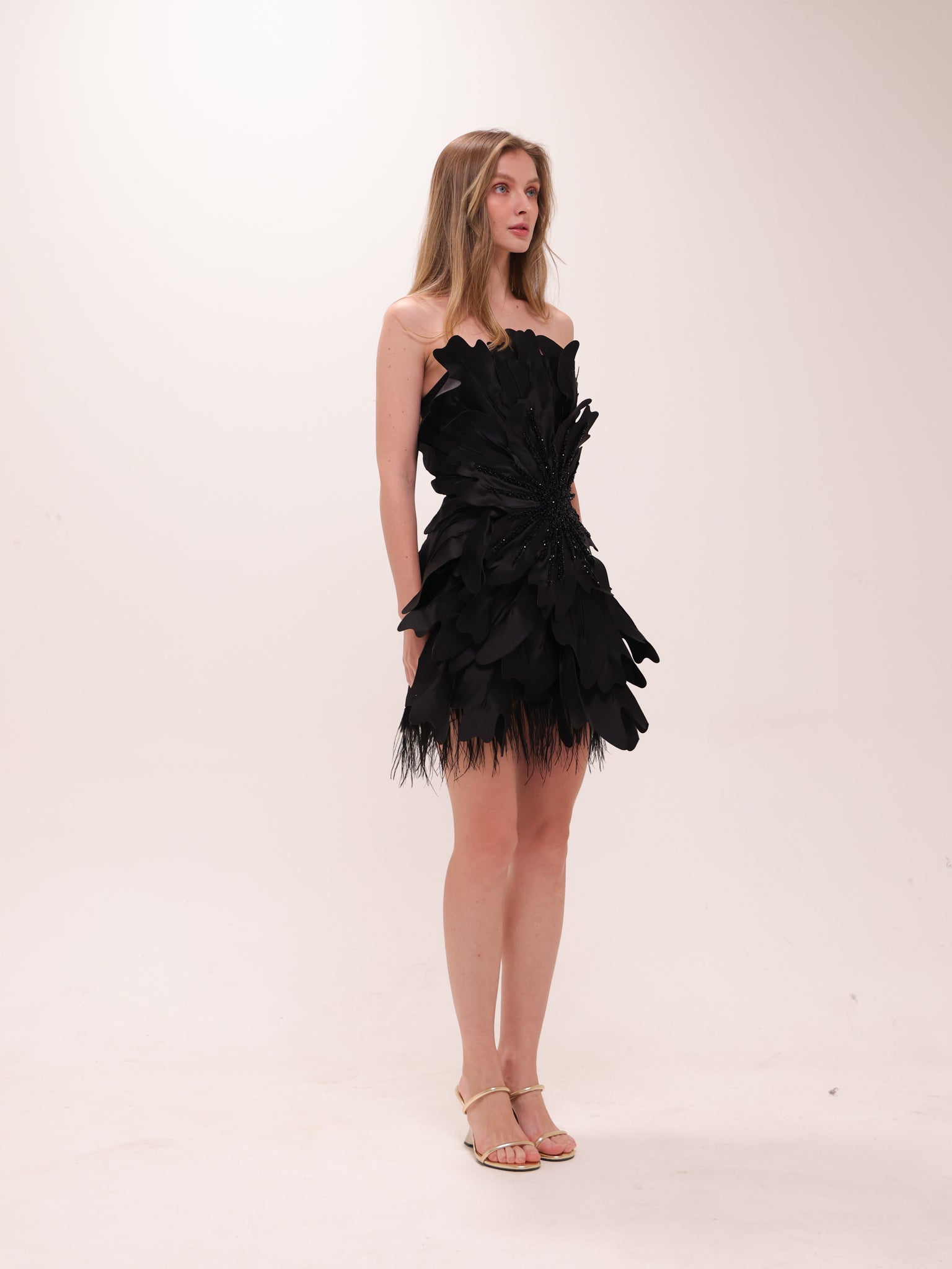 Midnight Petal Feather Mini Dress