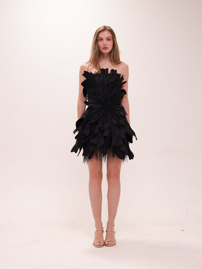 Midnight Petal Feather Mini Dress