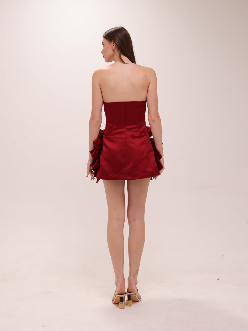 Scarlet Rosette Satin Mini Dress