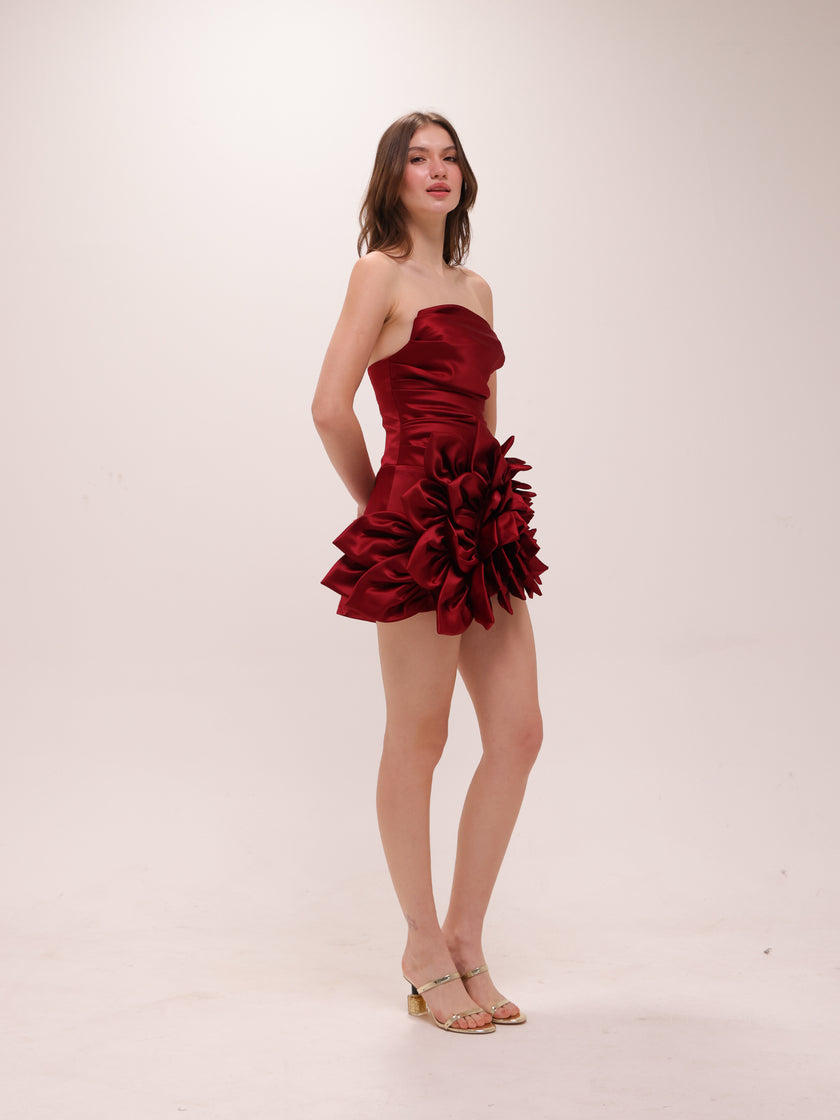 Scarlet Rosette Satin Mini Dress