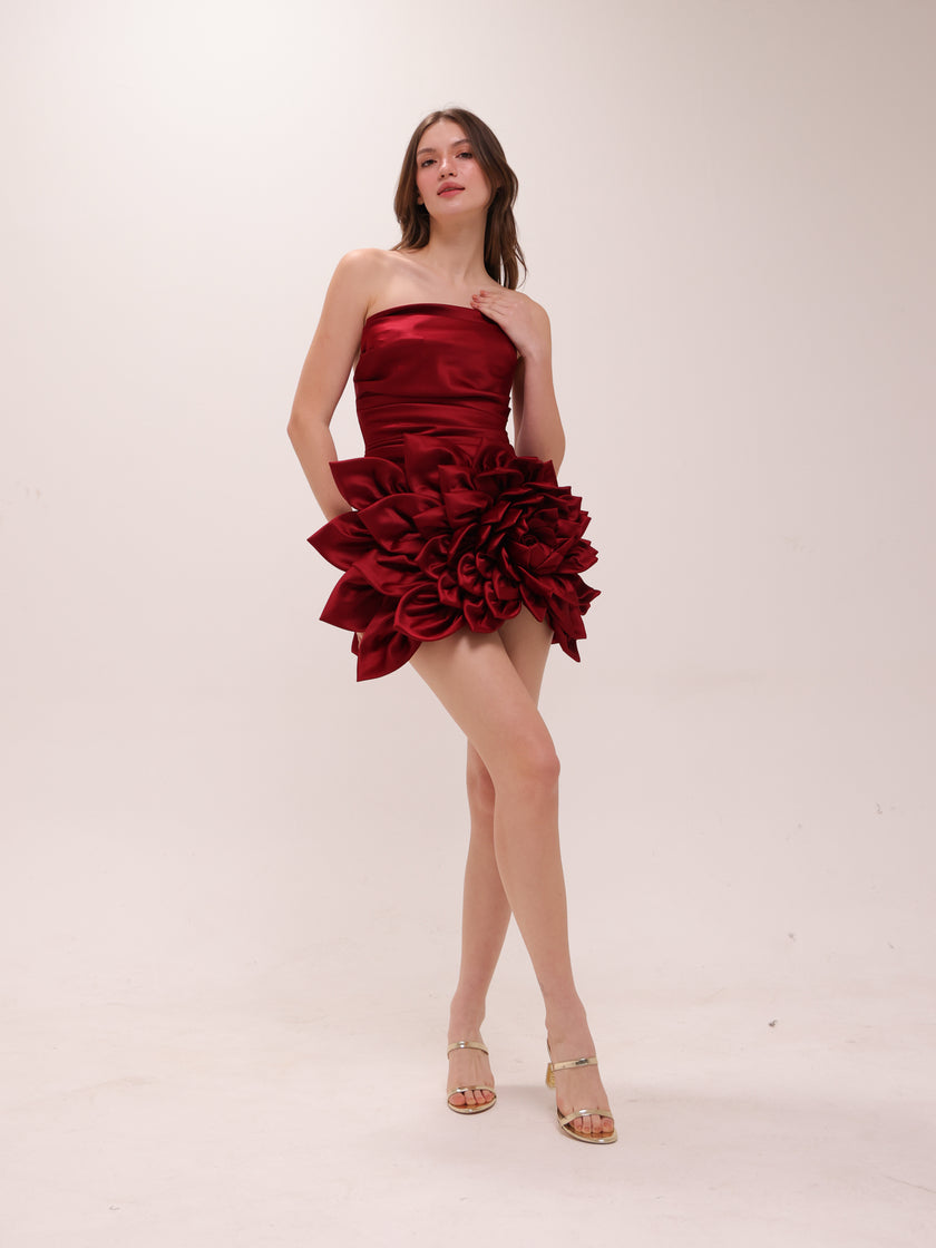 Scarlet Rosette Satin Mini Dress