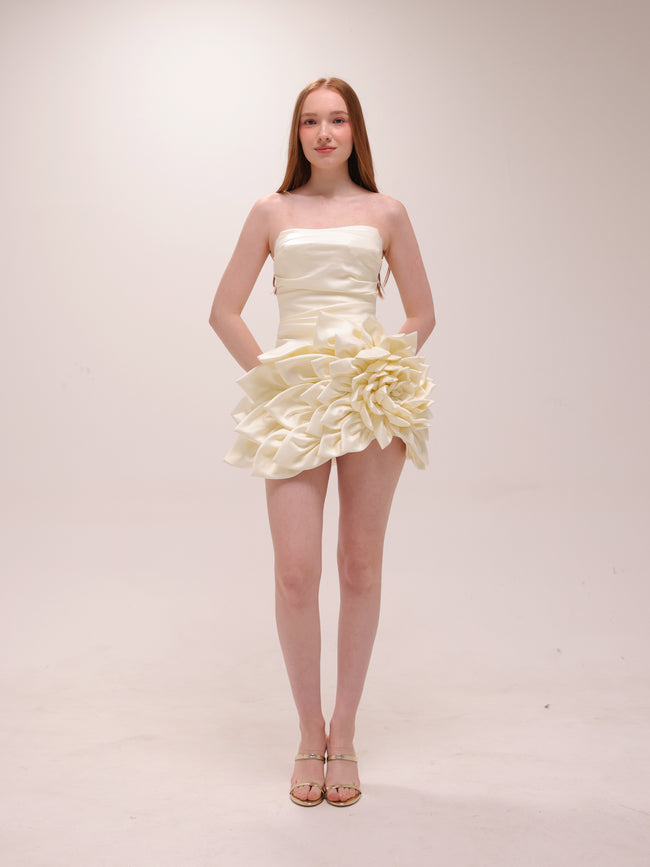 Ivory Rosette Satin Mini Dress